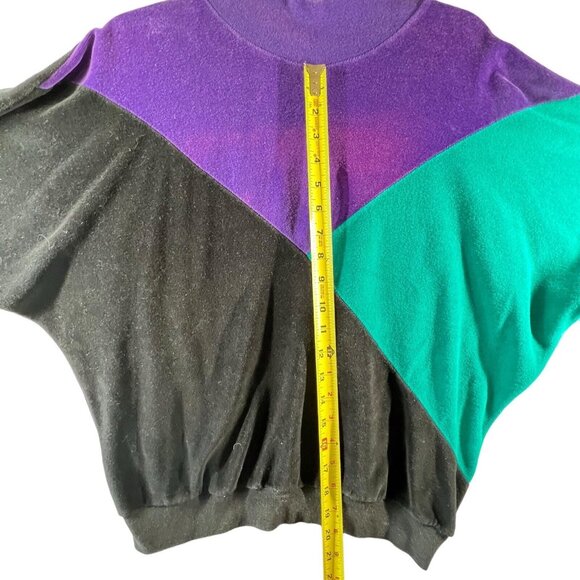 Vtg Velour Leisure Blouse Top Track Suit Colorblock Lg Black Purple Green USA - Picture 6 of 7